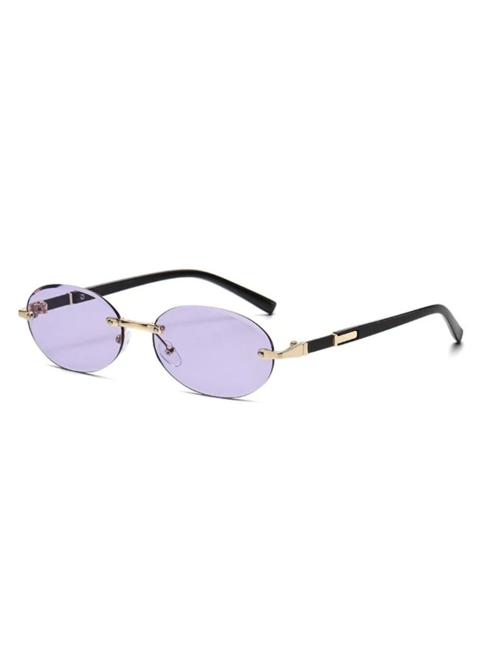 Oval Rimless Purple Lens Sunglasses With Gold & Black Metal Frame